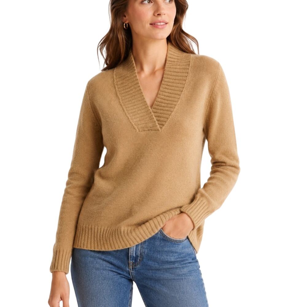 J Crew Factory Camel Mohair Blend Deep V Neck Tunic Sweater Rib Knit M